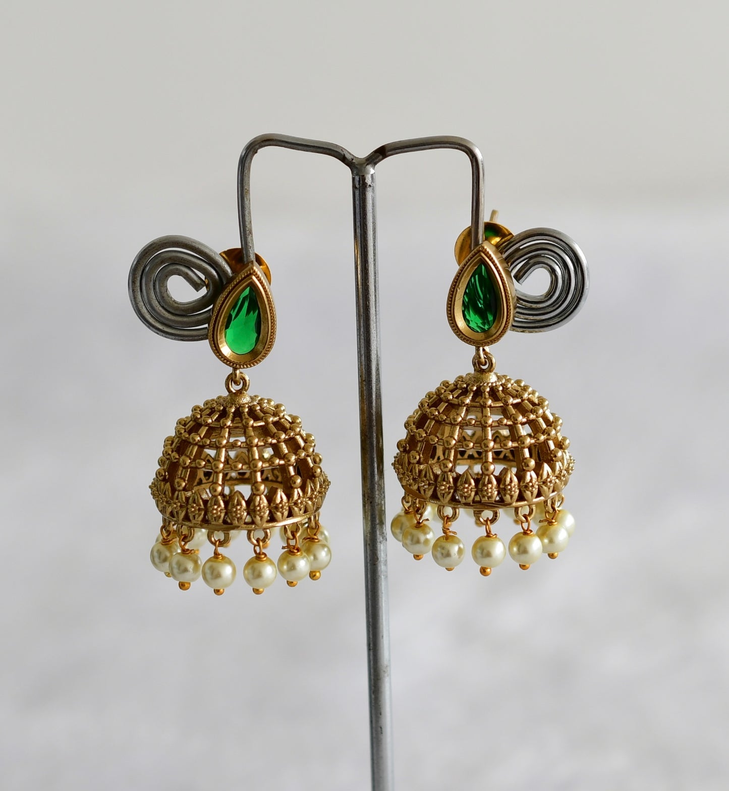 Antique gold tone green thilak stone pearl jhumkka dj-51853