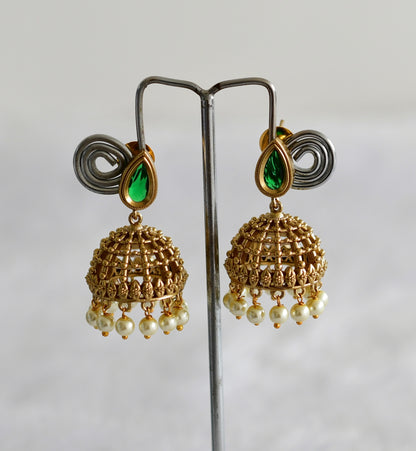 Antique gold tone green thilak stone pearl jhumkka dj-51853