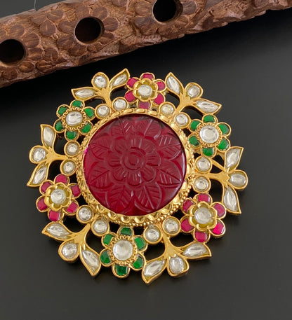 Gold tone red carved stone round jadau flower pendant dj-53848