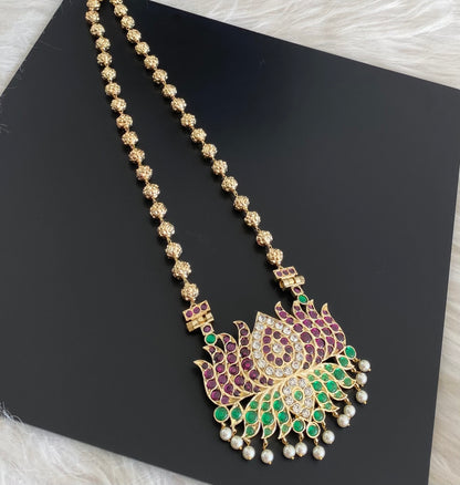 Gold tone precious kemp-green-white lotus nakshi beaded haar dj-54729