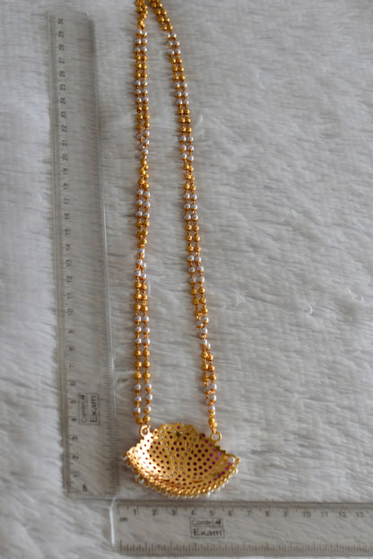 Gold tone 24 inches double layer pearl chain with ad pink-pearl swan pendant dj-51909