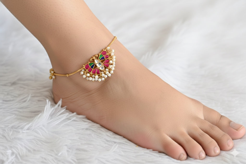 Gold tone pink-green-blue butterfly kundan jadau anklets dj-52389