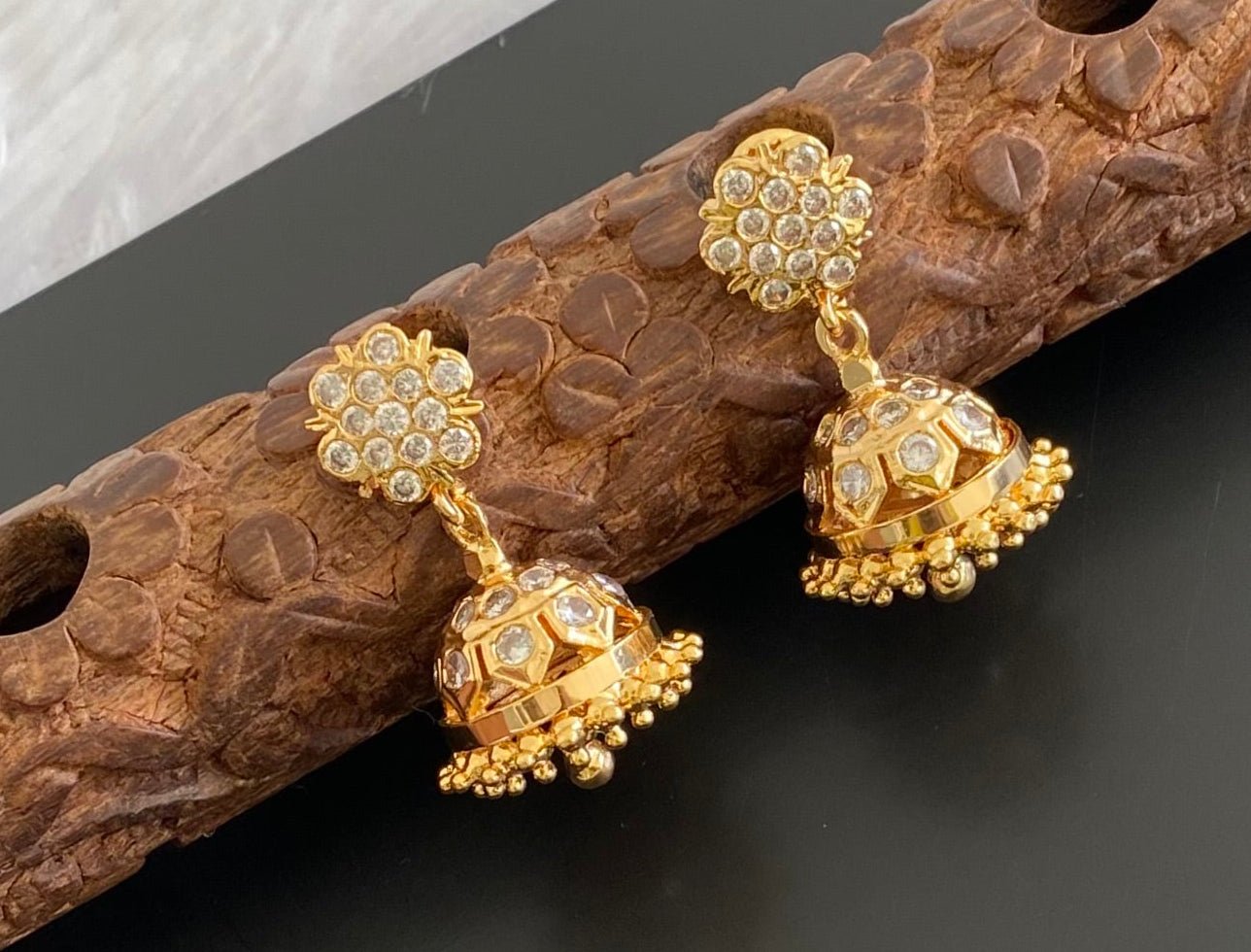 Gold look alike AD white stone jhumkka dj-53581