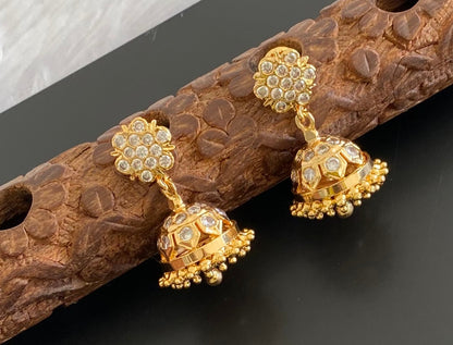 Gold look alike AD white stone jhumkka dj-53581