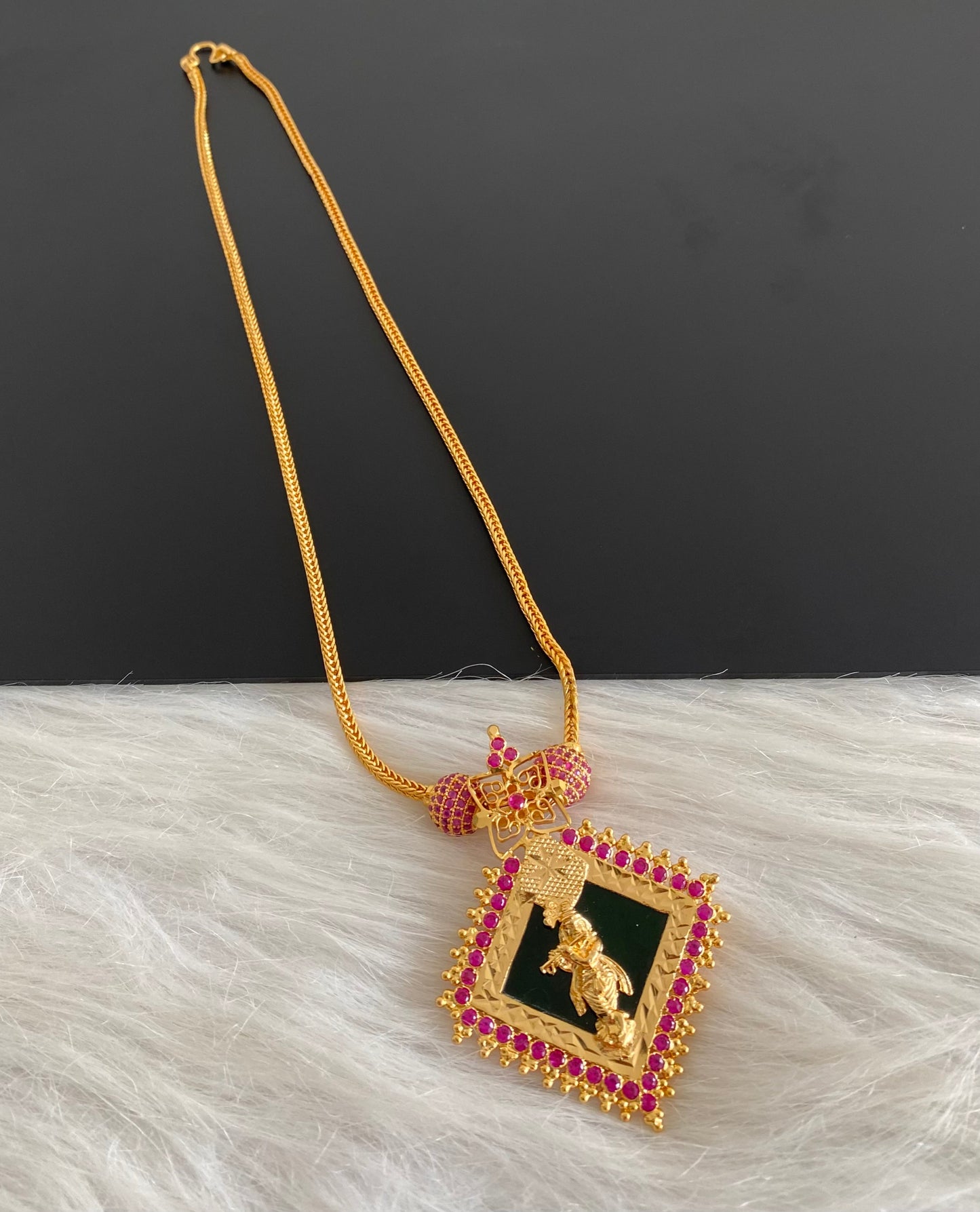 Gold tone green-pink stone krishna necklace dj-54446