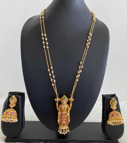 Antique gold tone pearl chain with kundan jadau thirumal pendant set dj-55116