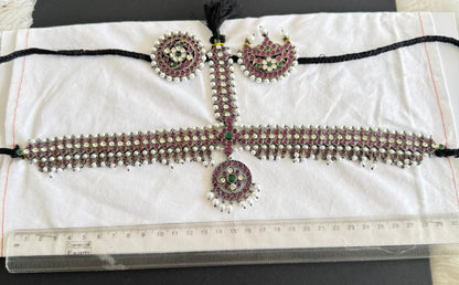 Black finish real kemp-green-white pearl maang tikka dj-52013