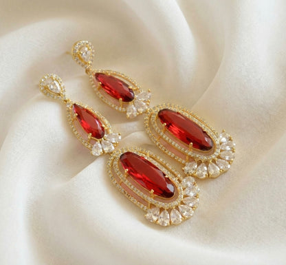 Gold Tone AD Red long Earrings DJ31417