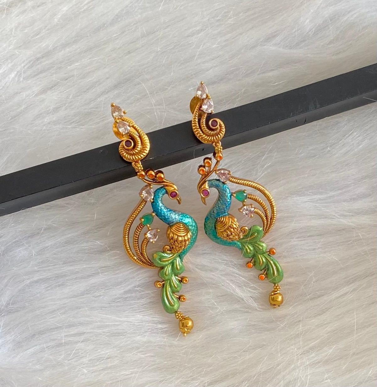Matte finish white-kemp-green peacock long earrings dj-54650