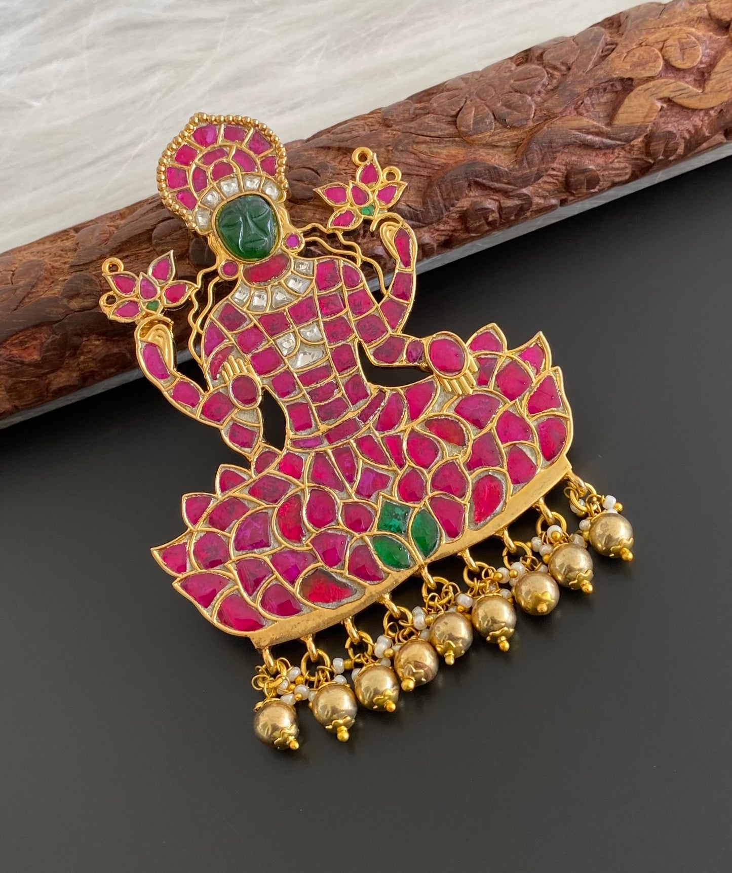 Gold tone pink-green-white kundan jadau lakshmi pendant dj-53844