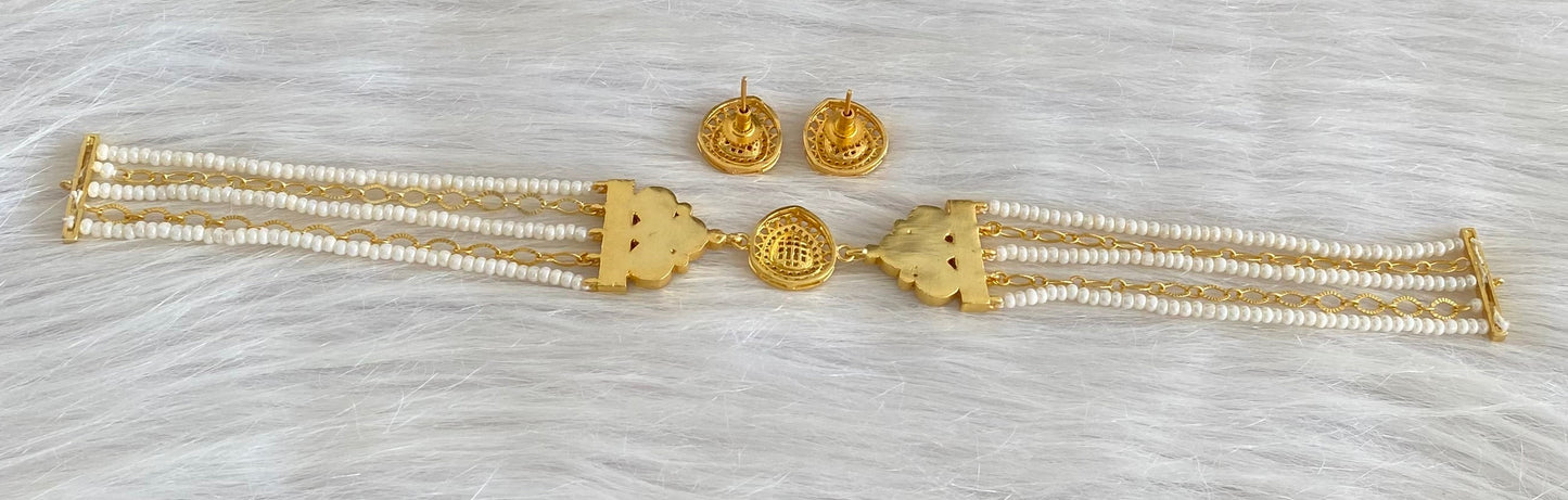Gold tone kundan jadau pearl choker necklace set dj-54182