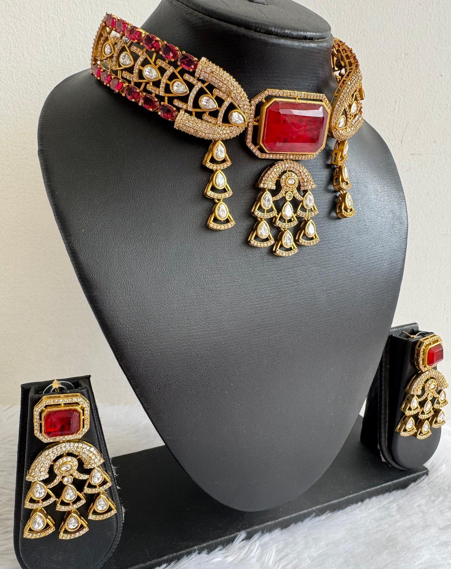 Antique gold tone cz kundan red choker necklace set dj-51075