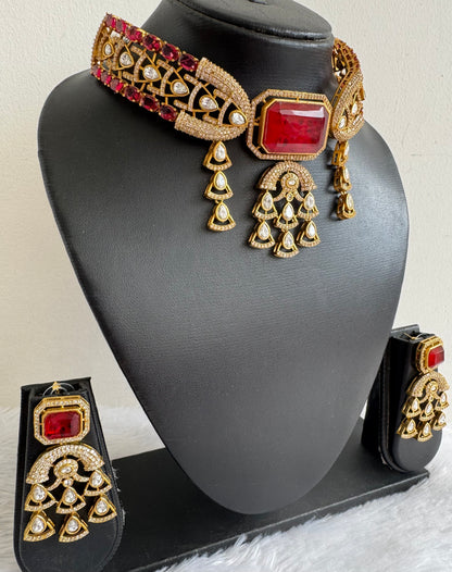 Antique gold tone cz kundan red choker necklace set dj-51075