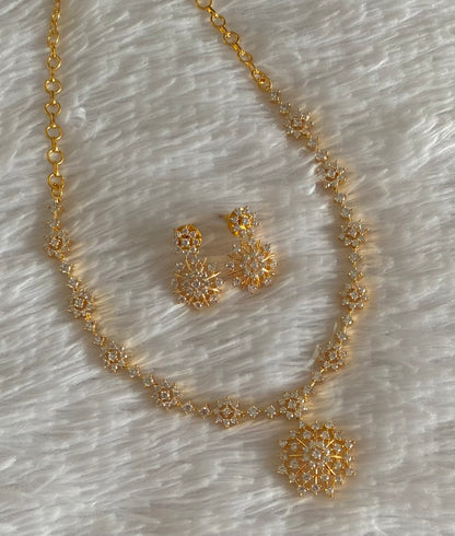 Gold tone cz white stone flower necklace set dj-54341