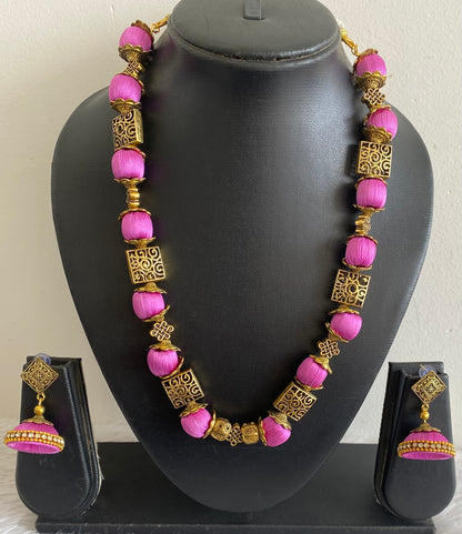 Antique gold Silk thread pink necklace set dj-52927
