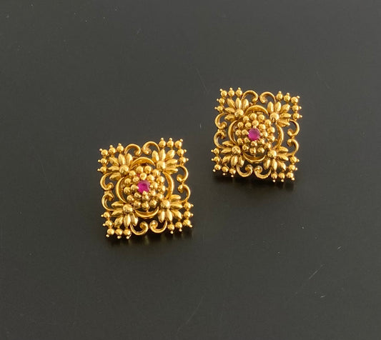 Antique tone pink stone flower stud/earrings dj-53563