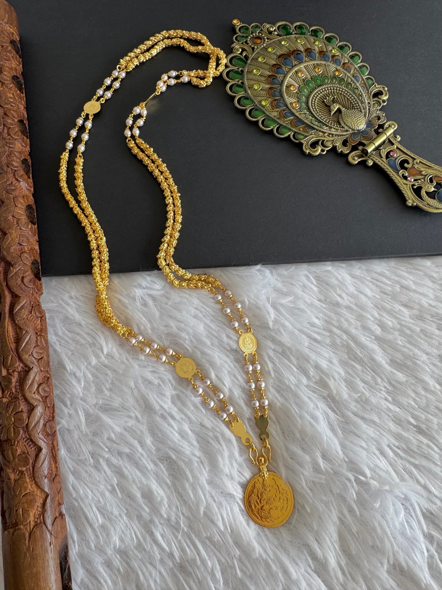 Gold tone 24 inches double layer pearl lakshmi coin chain dj-45528