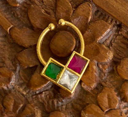 Gold tone kundan jadau pink-green-white stone nose pin/bulakku dj-53748
