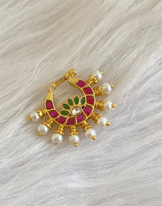 Gold tone kundan jadau pink-green-white stone pearl nose pin dj-53718