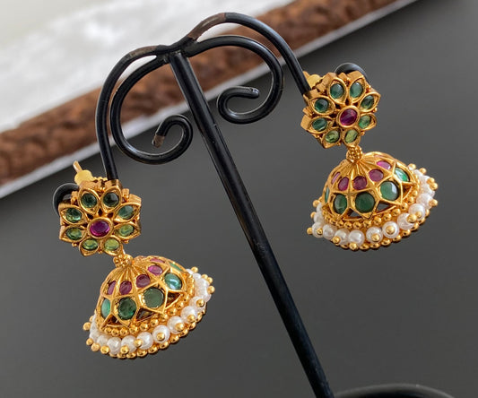 Antique gold tone kemp-green pearl  jhumkka dj-53571