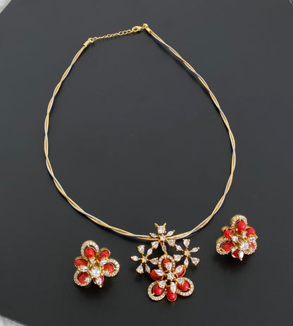 Two tone cz white stone coral pendant set with kanti necklace dj-54249