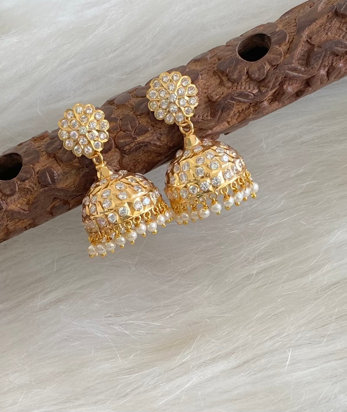 Gold tone south indian style AD white stone with pearl jhumkka dj-54697