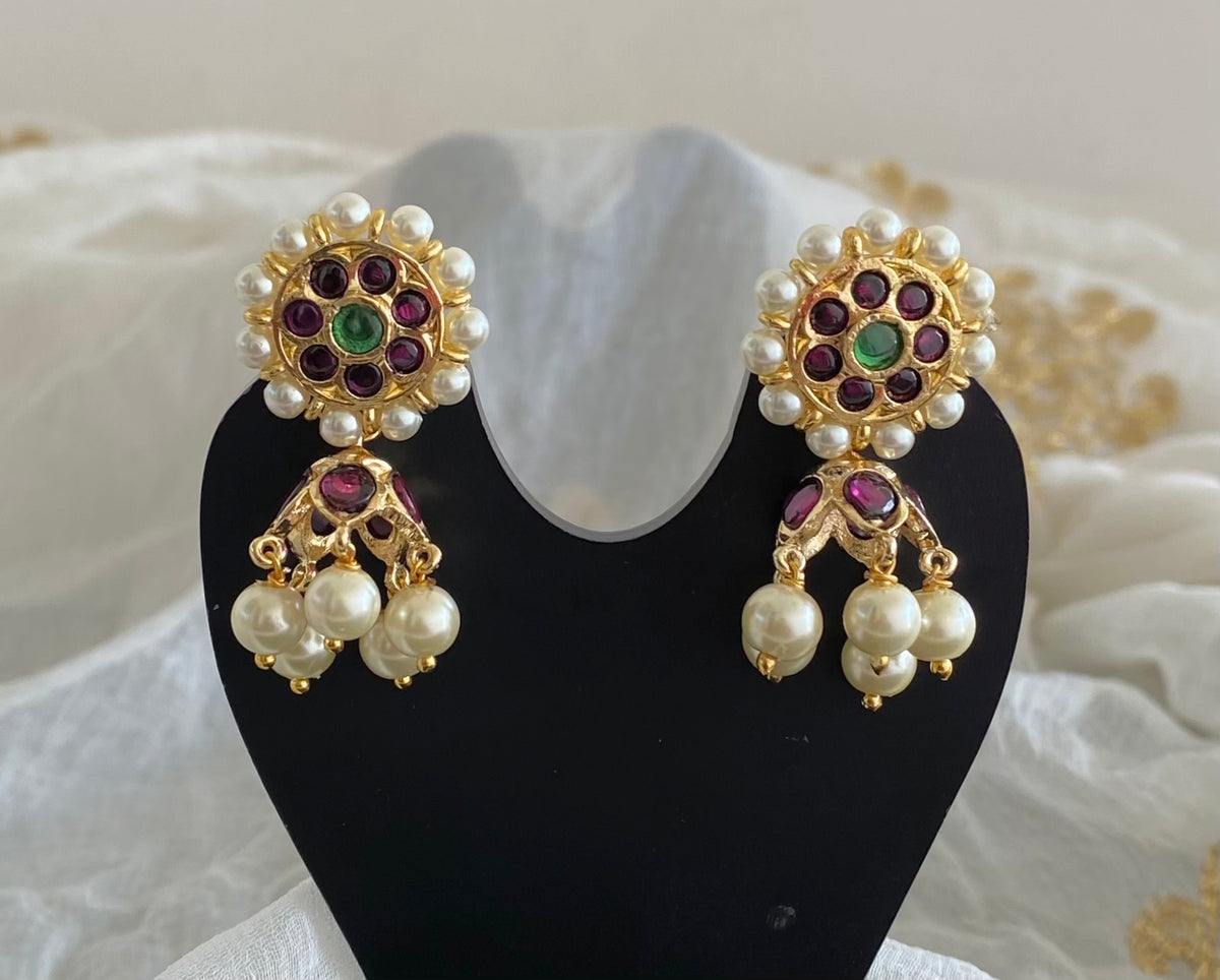 Gold tone precious kemp-green pearl screw back jhumkka dj-55083