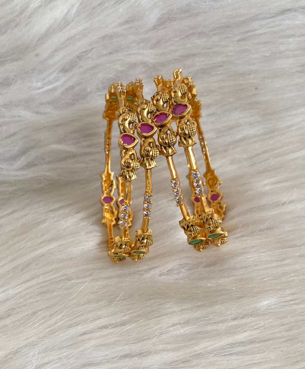 Antique gold tone ruby-green-white stone elephant set of 4 bangles (2.10) dj-55174