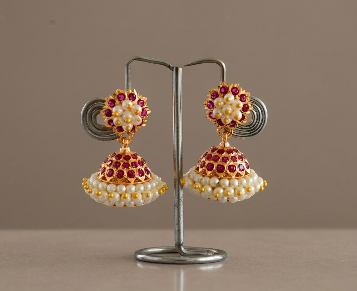 Gold tone South Indian style pink pearl jhumkka dj-51886