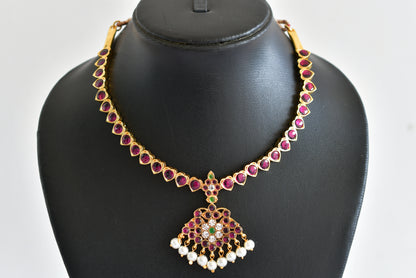 Gold tone precious kemp-green pearl attigai/necklace dj-52252