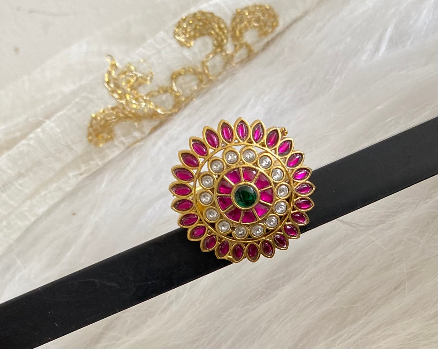 Gold tone pink-green-white kundan jadau round finger ring dj-54321