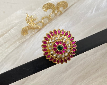 Gold tone pink-green-white kundan jadau round finger ring dj-54321