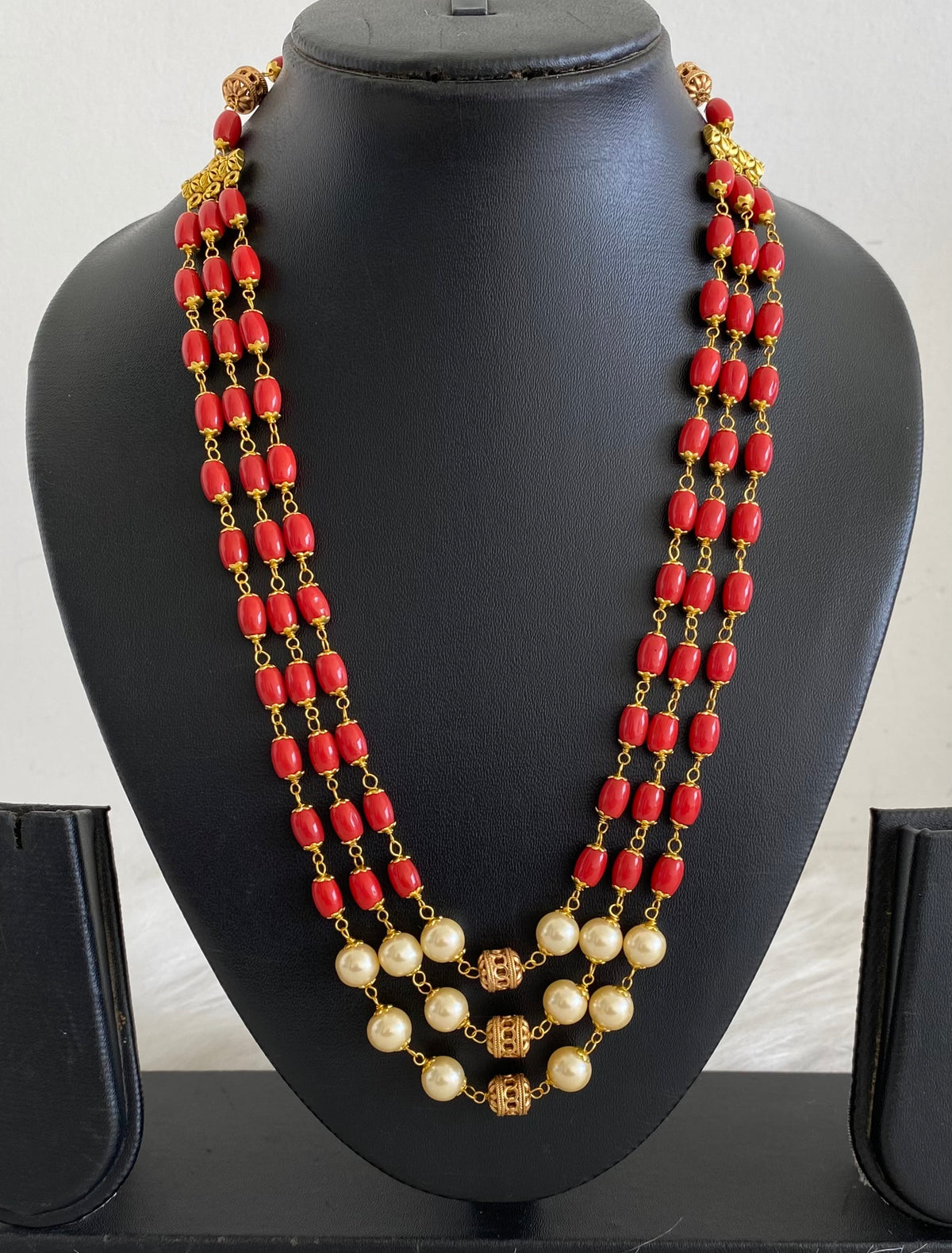 Antique gold tone multilayer coral-pearl beaded necklace dj-54981