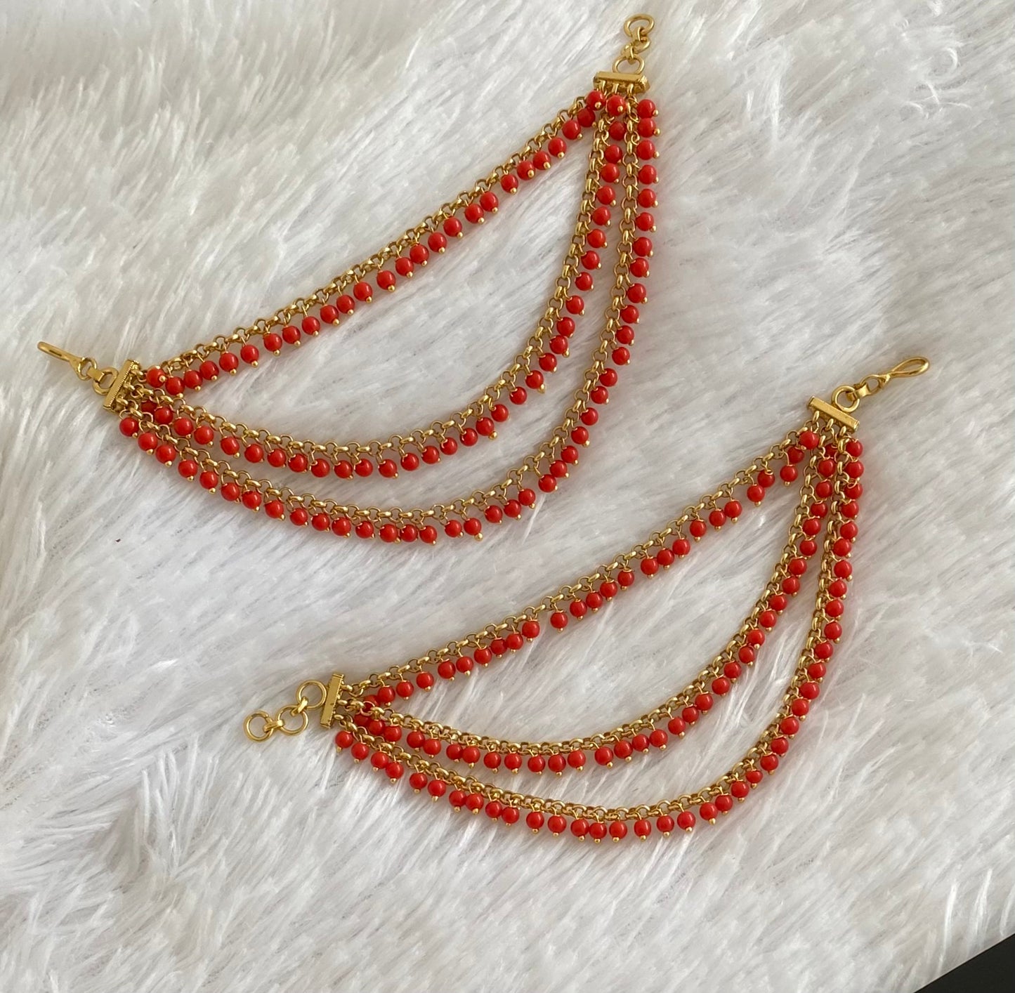 Antique gold tone coral beaded multi layer ear side chian dj-54051