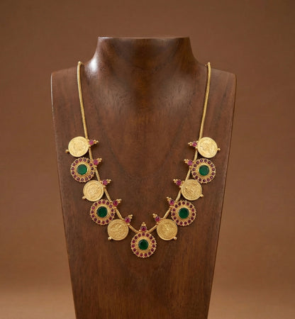 Gold tone kerala style pink-green round lakshmi coin necklace dj-51691