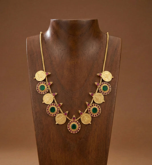 Gold tone kerala style pink-green round lakshmi coin necklace dj-51691