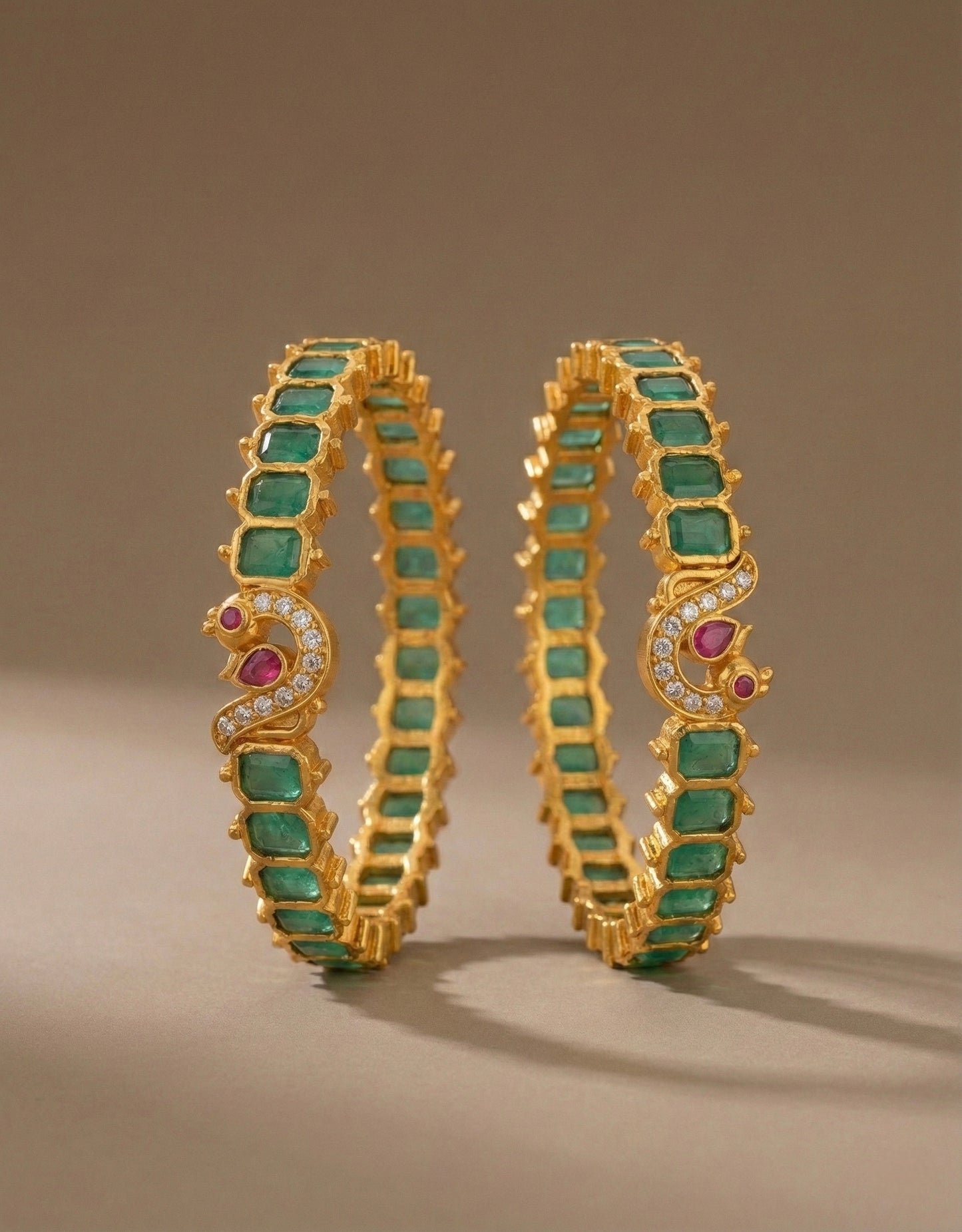 Matte finish emerald block stone peacock bangles(2.4) Dj-36993
