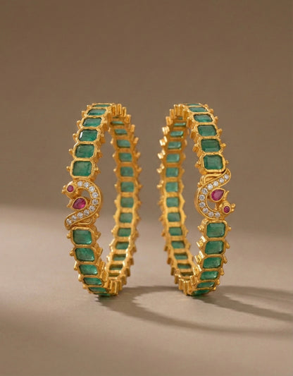 Matte finish emerald block stone peacock bangles(2.4) Dj-36993