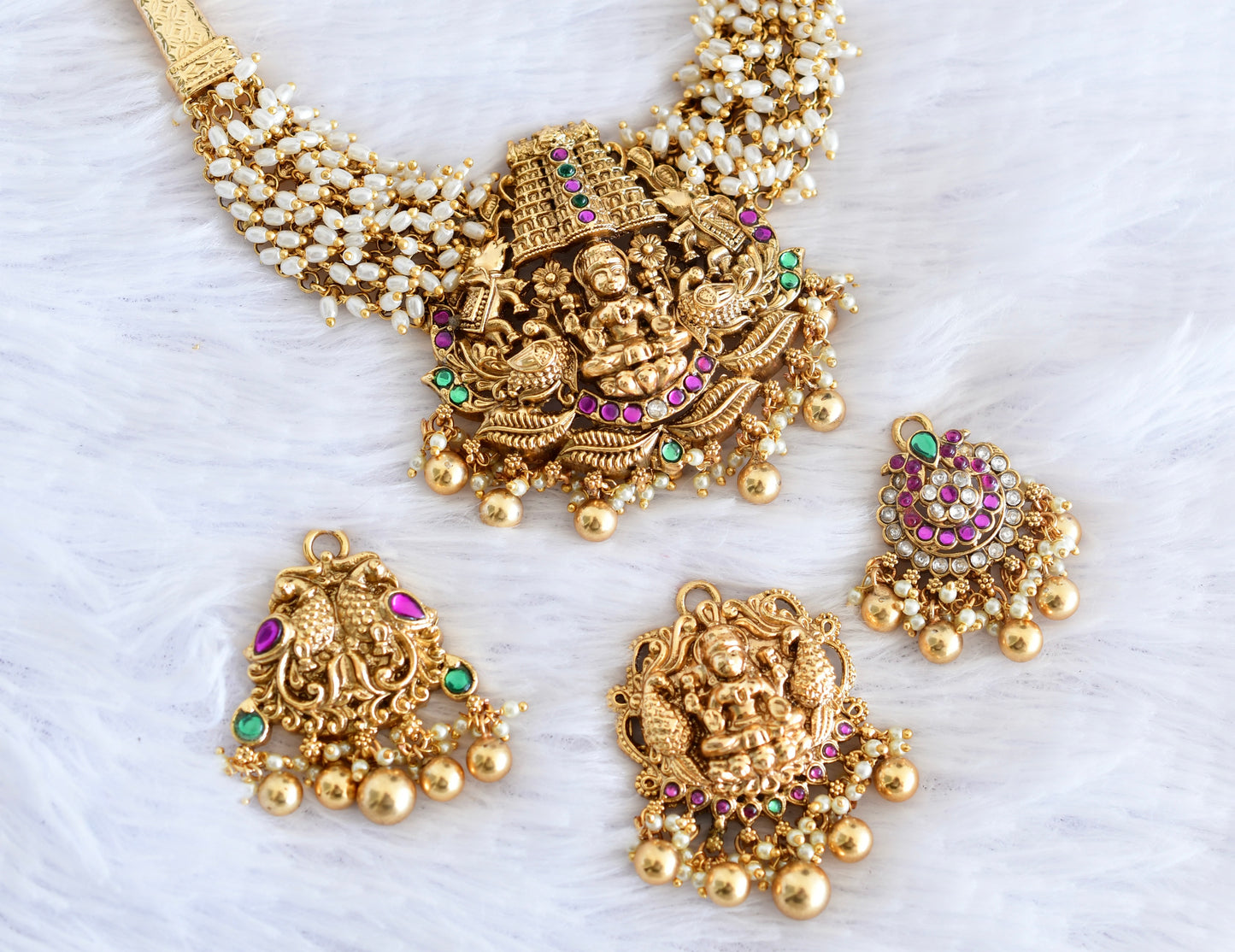 Antique gold tone lakshmi necklace with changeable pendants set dj-53008