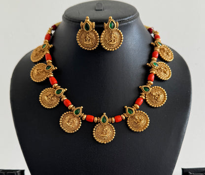 Matte finish coral-green lakshmi necklace set dj-52082