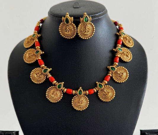 Matte finish coral-green lakshmi necklace set dj-52082