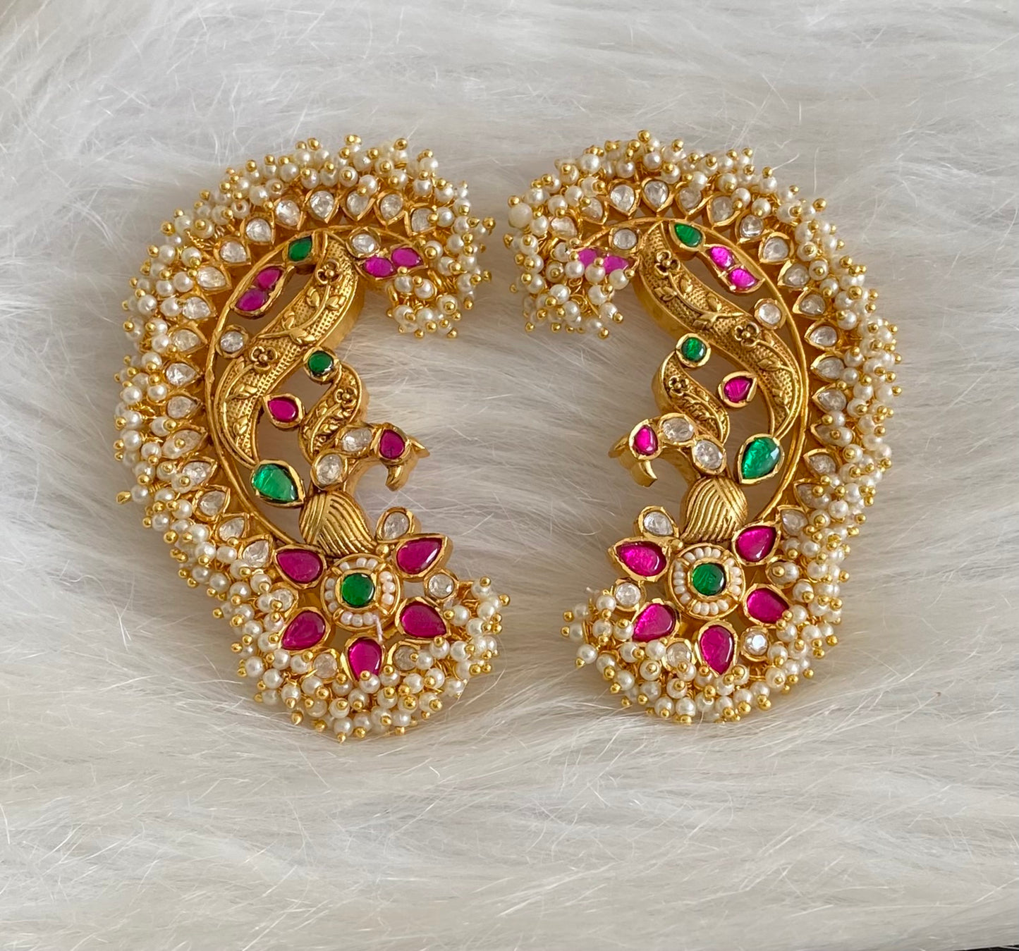 Gold tone pink-green-white kundan jadau big peacock khanpool earrings dj-54568
