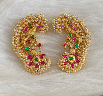 Gold tone pink-green-white kundan jadau big peacock khanpool earrings dj-54568