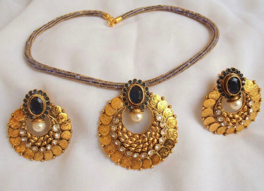Antique gold tone blue lakshmi coin bali necklace set - DJ16740