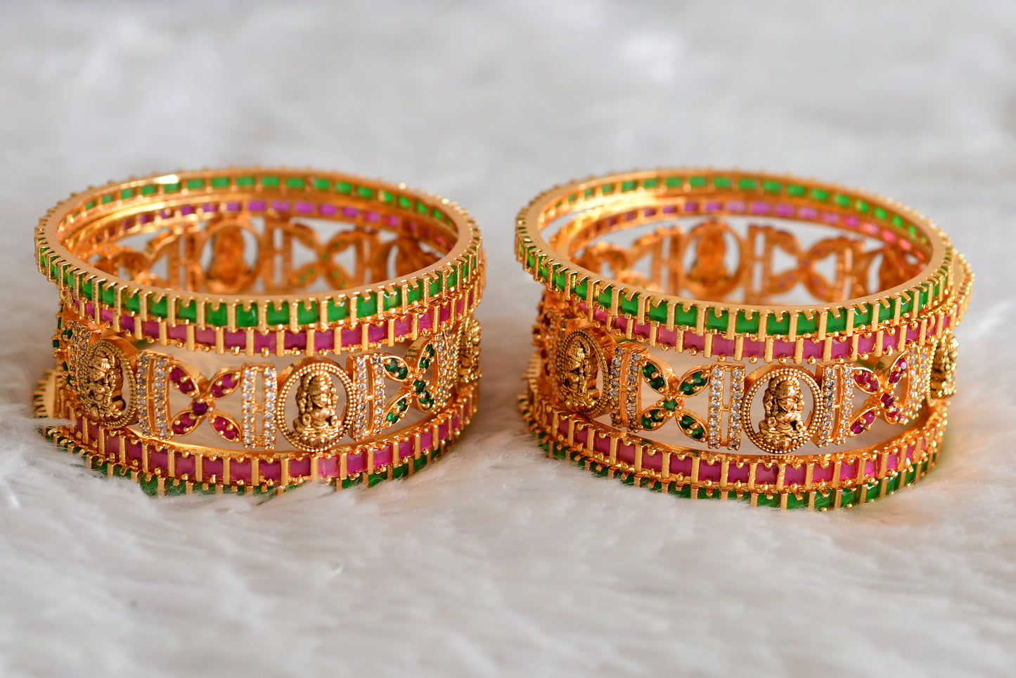 Antique gold tone cz ruby-white-green set of 10 lakshmi bangles(2.6) dj-51963