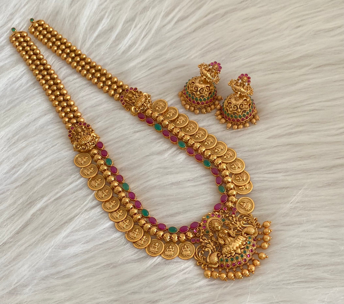 Matte finish kemp-green lakshmi coin haar set dj-54997