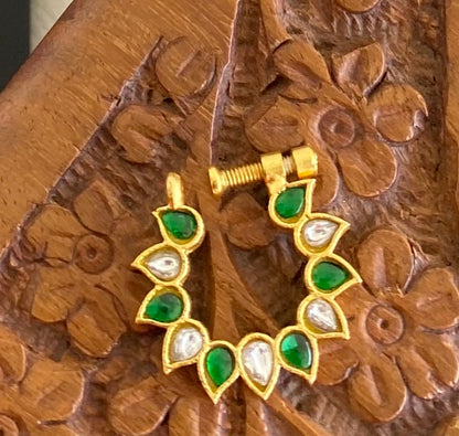 Gold tone kundan jadau white-green nose pin dj-53709