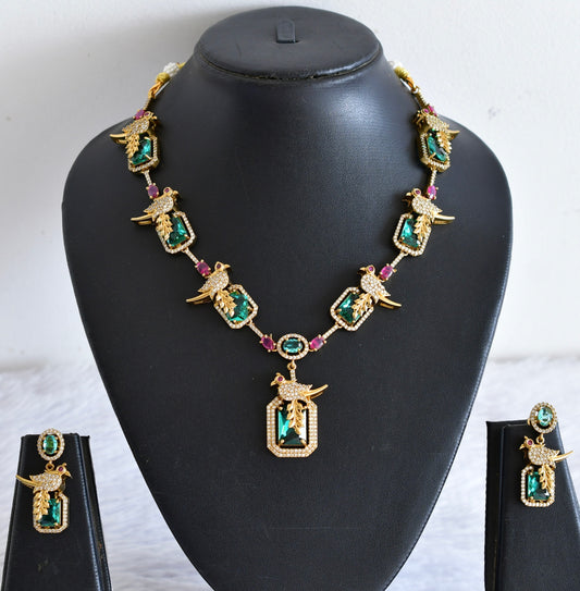 Antique gold tone cz pink-sea green-white bird necklace set dj-53021