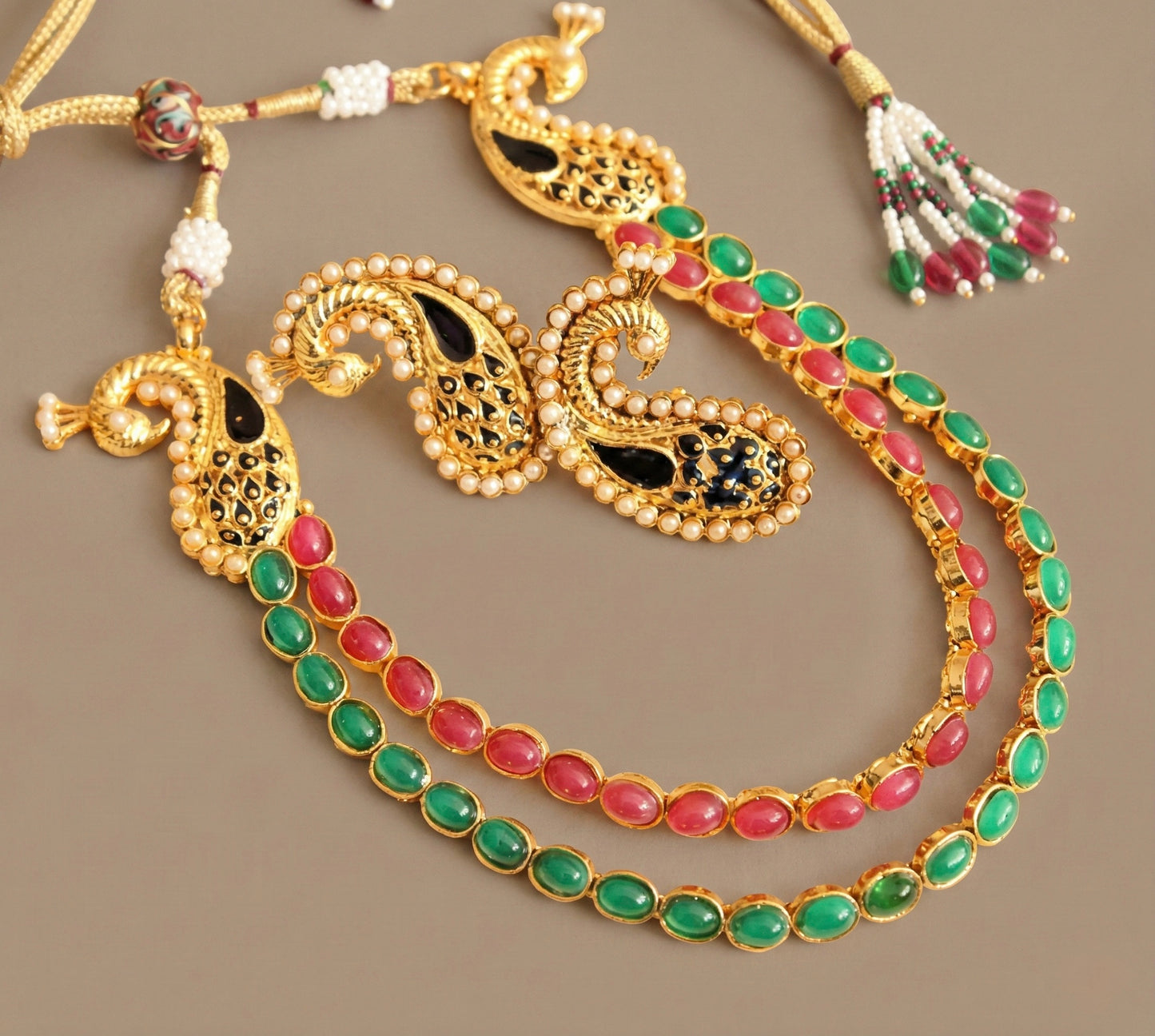 Antique gold tone Double Layer Ruby-green Mango Necklace Set - DJ16686
