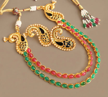 Antique gold tone Double Layer Ruby-green Mango Necklace Set - DJ16686
